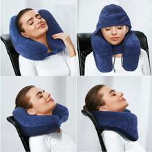 Load image into Gallery viewer, Neck Pillow Inflatable Travel Pillow Comfortably Supports The Head, Neck and Chin, Airplane Pillow with Soft Velour Cover, Hat, Portable Drawstring Bag, 3D Eye Mask and Earplugs
