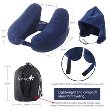 Load image into Gallery viewer, Neck Pillow Inflatable Travel Pillow Comfortably Supports The Head, Neck and Chin, Airplane Pillow with Soft Velour Cover, Hat, Portable Drawstring Bag, 3D Eye Mask and Earplugs
