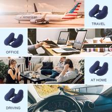 Load image into Gallery viewer, Neck Pillow Inflatable Travel Pillow Comfortably Supports The Head, Neck and Chin, Airplane Pillow with Soft Velour Cover, Hat, Portable Drawstring Bag, 3D Eye Mask and Earplugs
