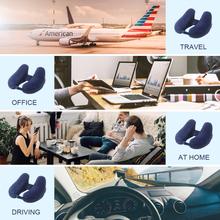 Load image into Gallery viewer, Neck Pillow Inflatable Travel Pillow Comfortably Supports The Head, Neck and Chin, Airplane Pillow with Soft Velour Cover, Hat, Portable Drawstring Bag, 3D Eye Mask and Earplugs

