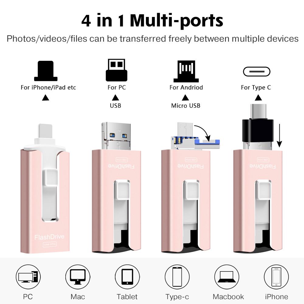 USB Flash Drive 128 GB for iPhone High Speed Memory Photo Stick 4 in 1 Thumb Drive Jump Drive Compatible with iPhone, iPad, MacBook, Android, Samsung, PC and More Devices