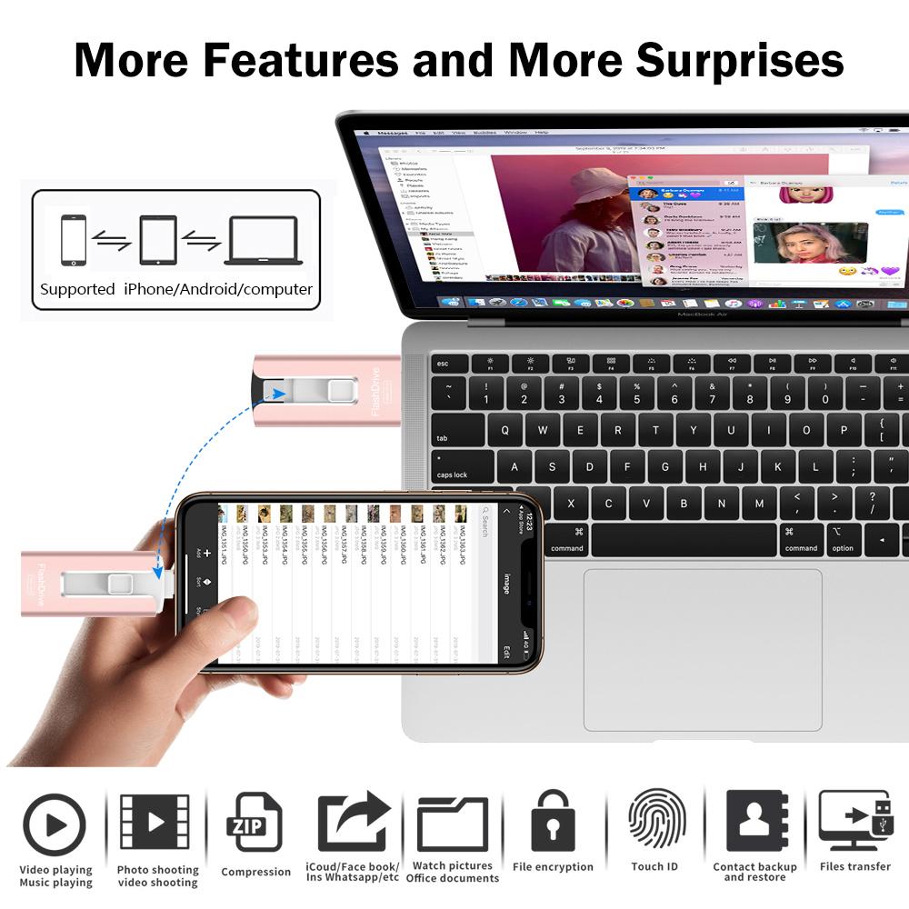 USB Flash Drive 128 GB for iPhone High Speed Memory Photo Stick 4 in 1 Thumb Drive Jump Drive Compatible with iPhone, iPad, MacBook, Android, Samsung, PC and More Devices
